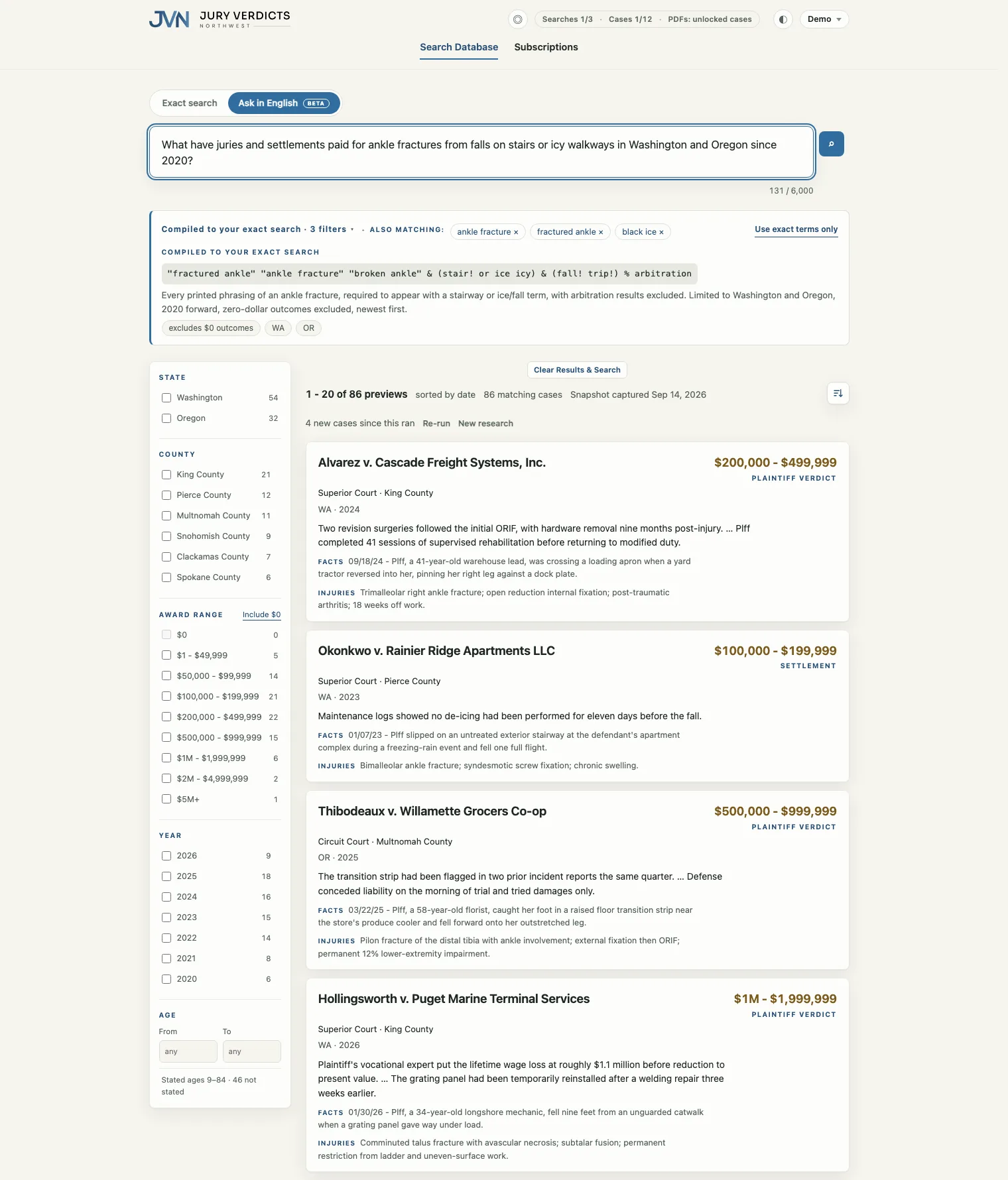 The research app in Ask in English mode: a plain-English question, the exact query it compiled to shown back to the reader, and the results below.