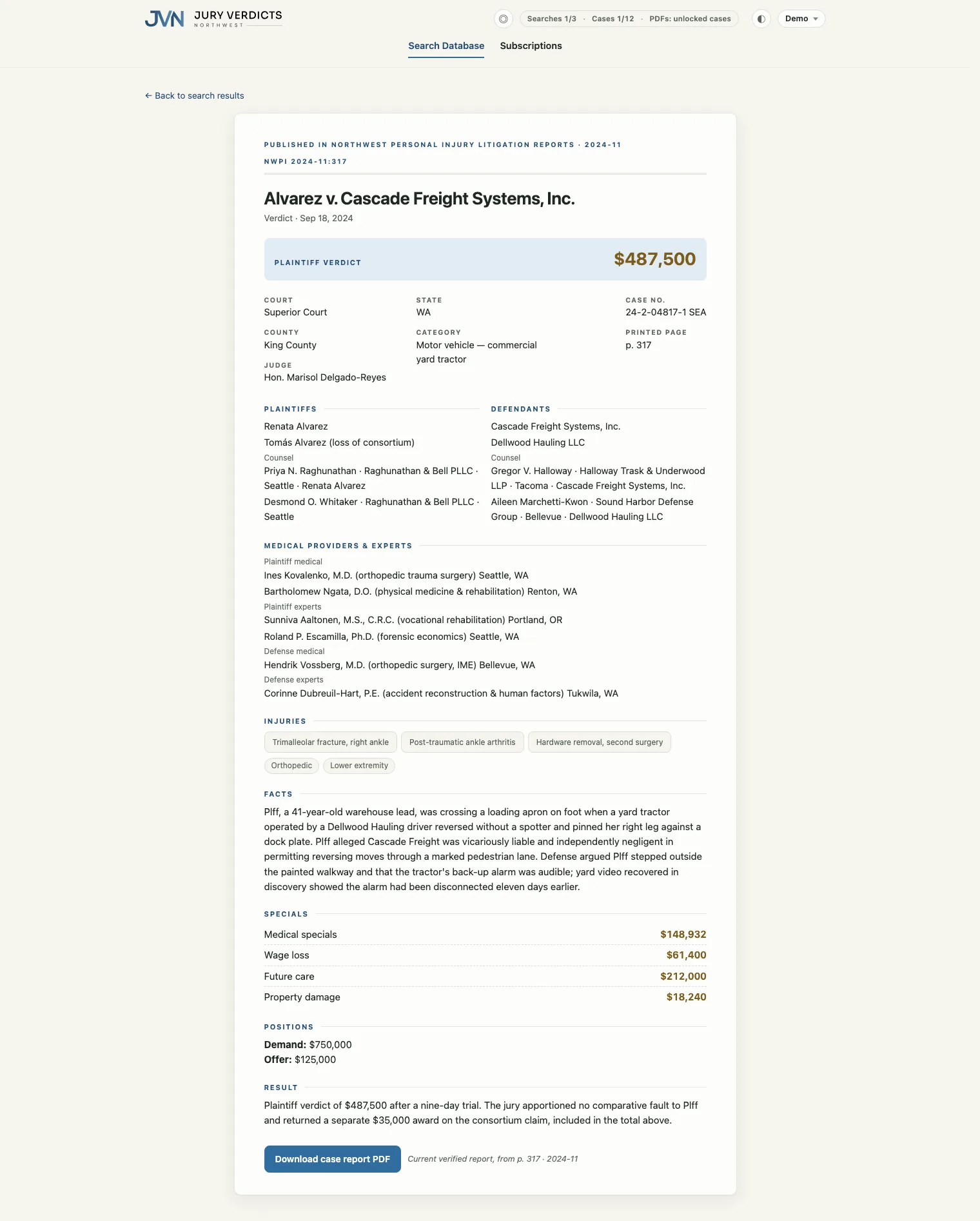 A case report open in the research app: publication and printed-page citation, caption, result badge, case facts, specials, positions, counsel with firm and city, and experts with credentials.