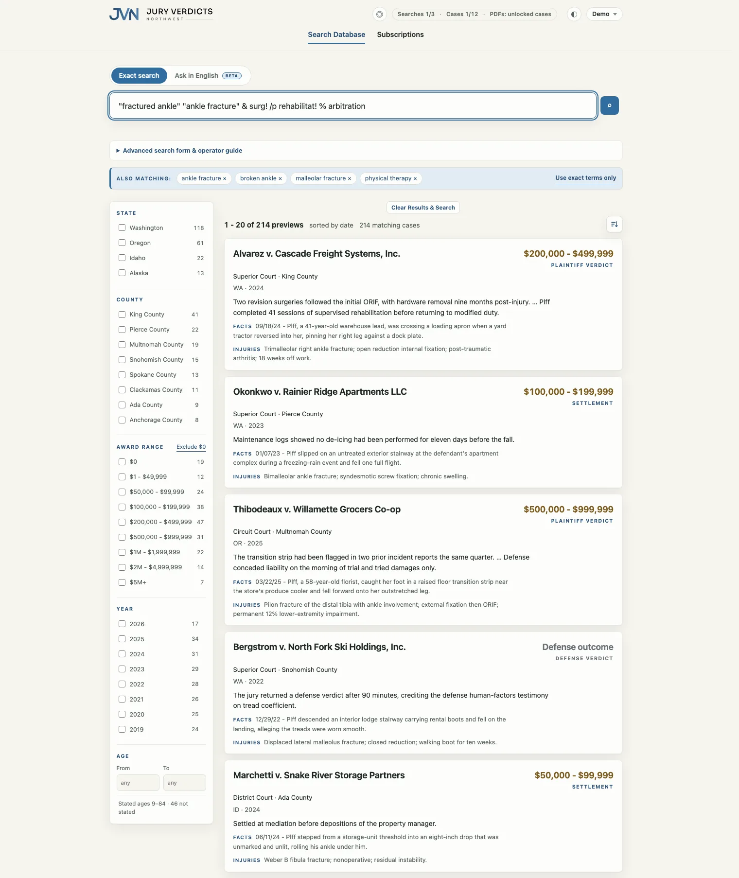 The research app in Exact search mode: a connector query in the search box, synonym chips above the results, state, county, award-band, year and age filters down the side, and case result cards showing award bands with quoted facts and injuries.